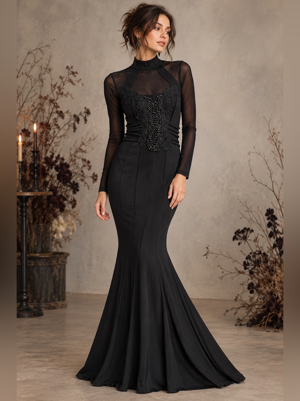 Vintage Maick Harold Paris Black Beaded Lace Mermaid Maxi Gown